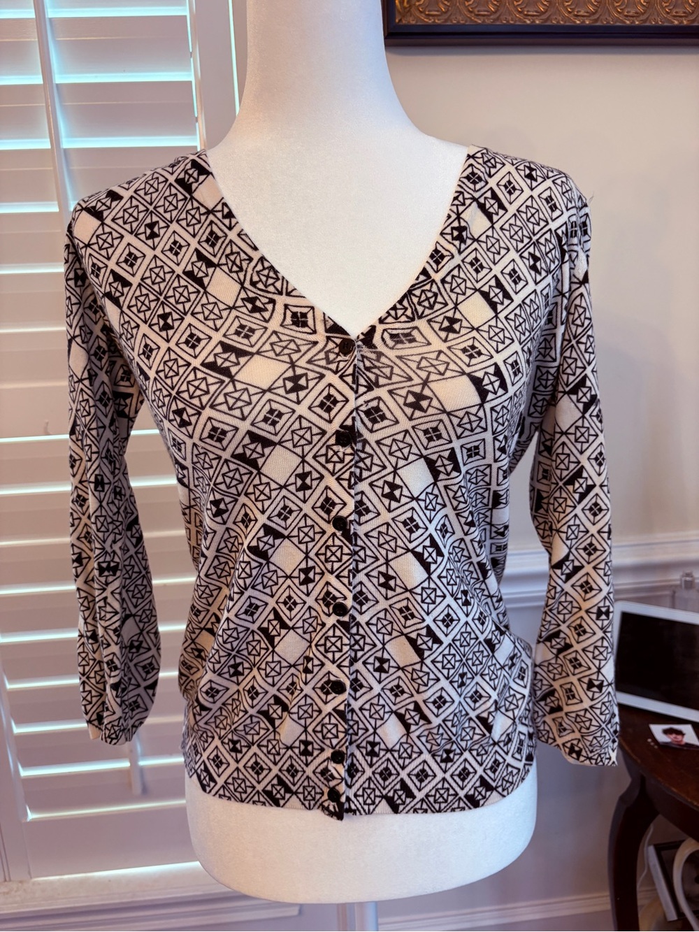 Geometric Black and Cream V-Neck Button-Front Women's Shirt